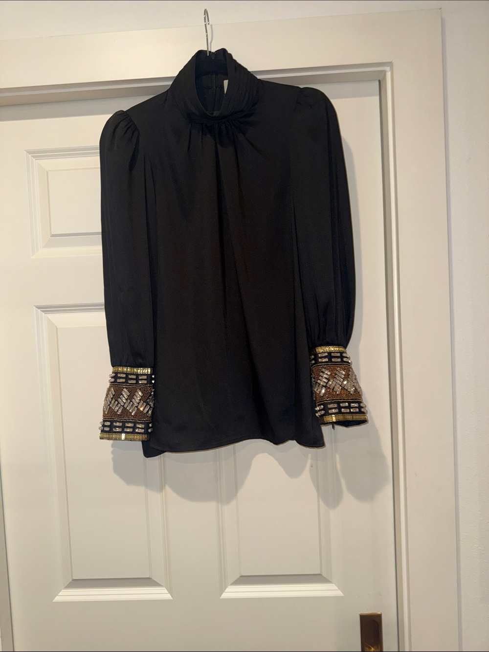 Tuckernuck Black High-Neck Blouse with Beaded Cuffs